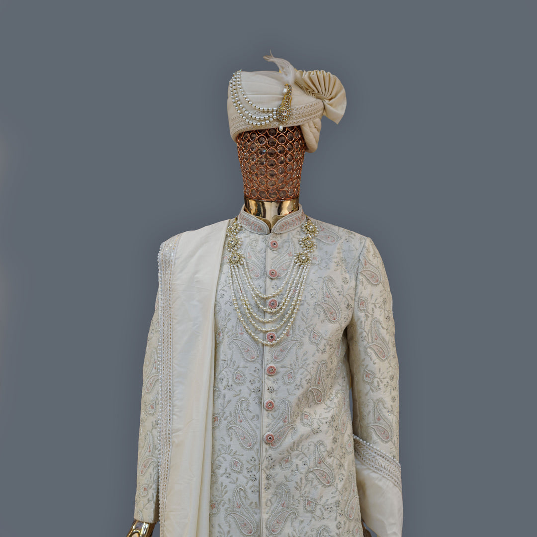 Oyster White Silk Sherwani Set with allover Cutdana & Zari Handwork Embroidery