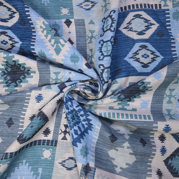 Deep Blue Abstract Printed Pure Linen Fabric