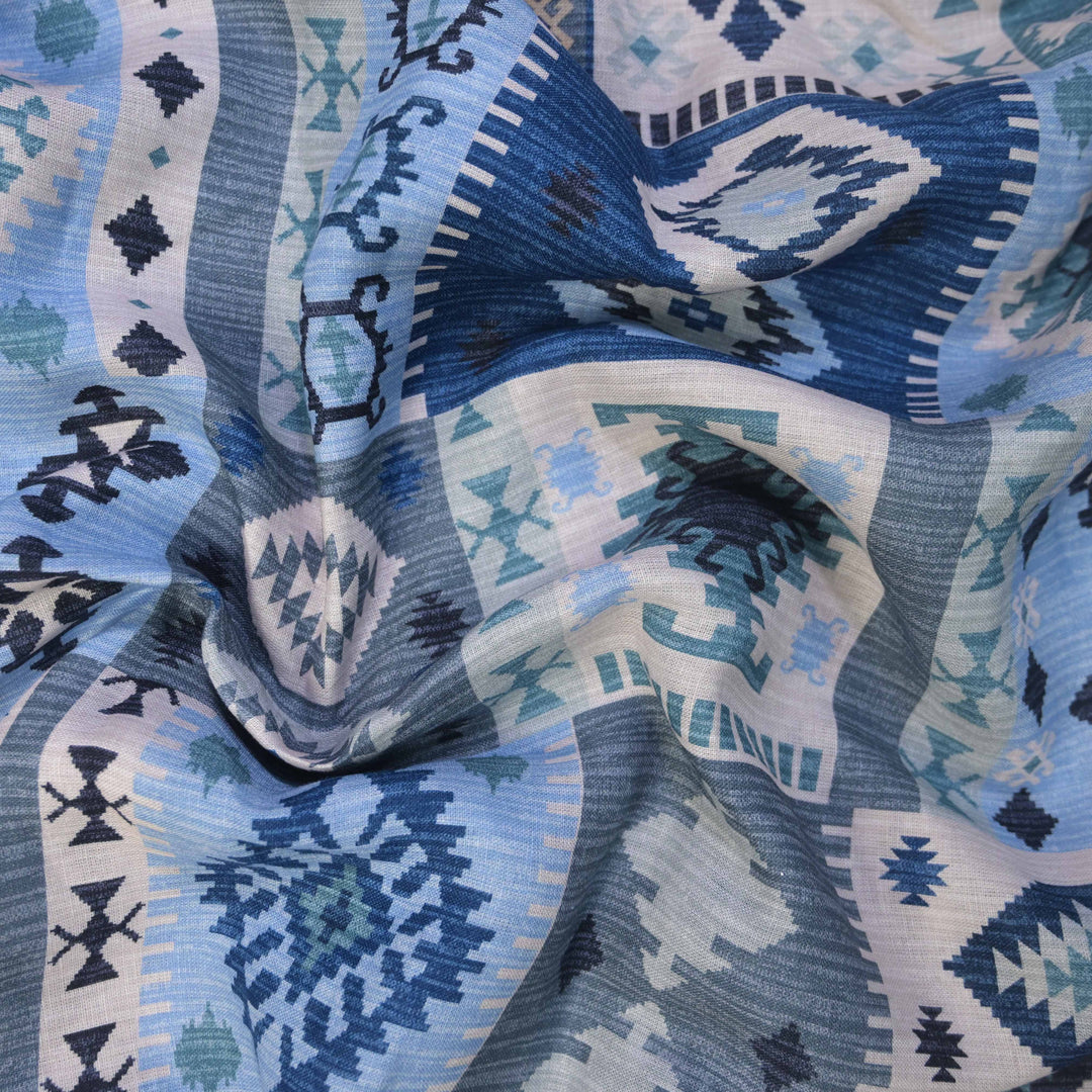 Deep Blue Abstract Printed Pure Linen Fabric