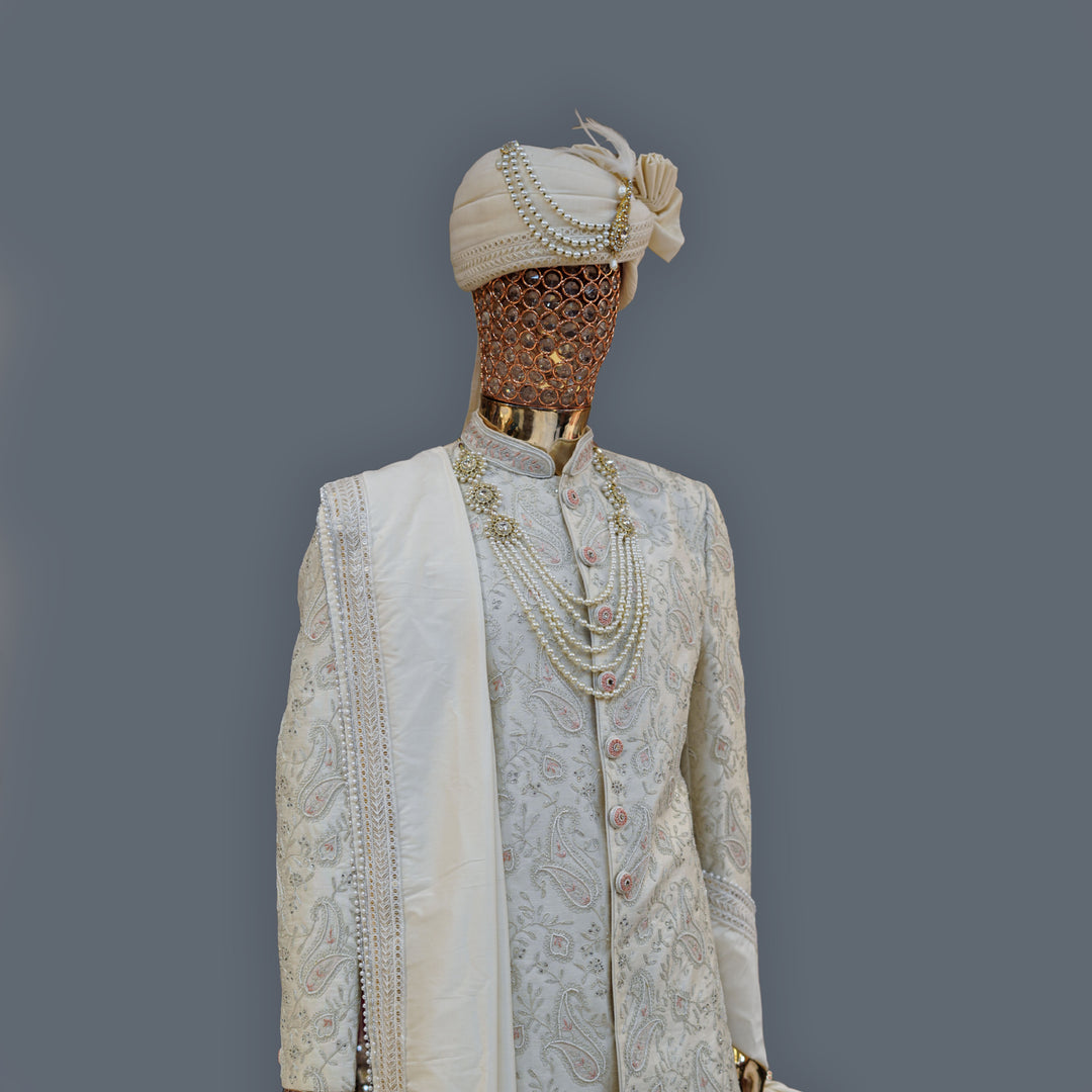 Oyster White Silk Sherwani Set with allover Cutdana & Zari Handwork Embroidery