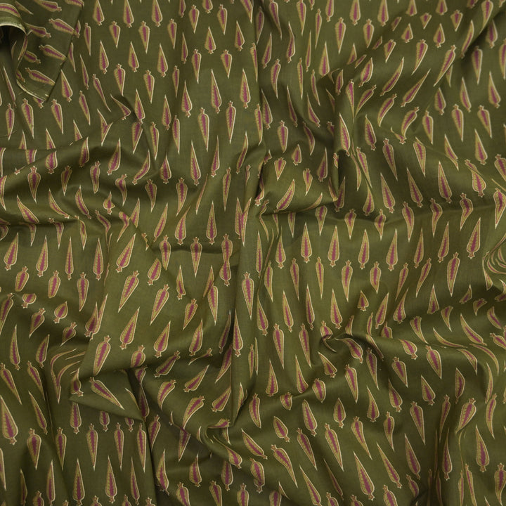 Olive Green Cotton Fabric with allover Leaf Butti Print