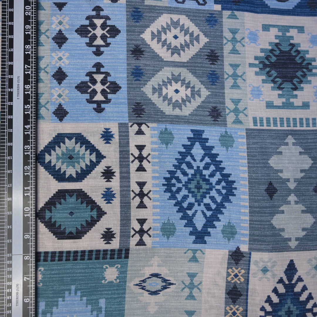 Deep Blue Abstract Printed Pure Linen Fabric