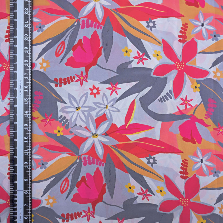 Grey Crepe Fabric in Floral Digital Print