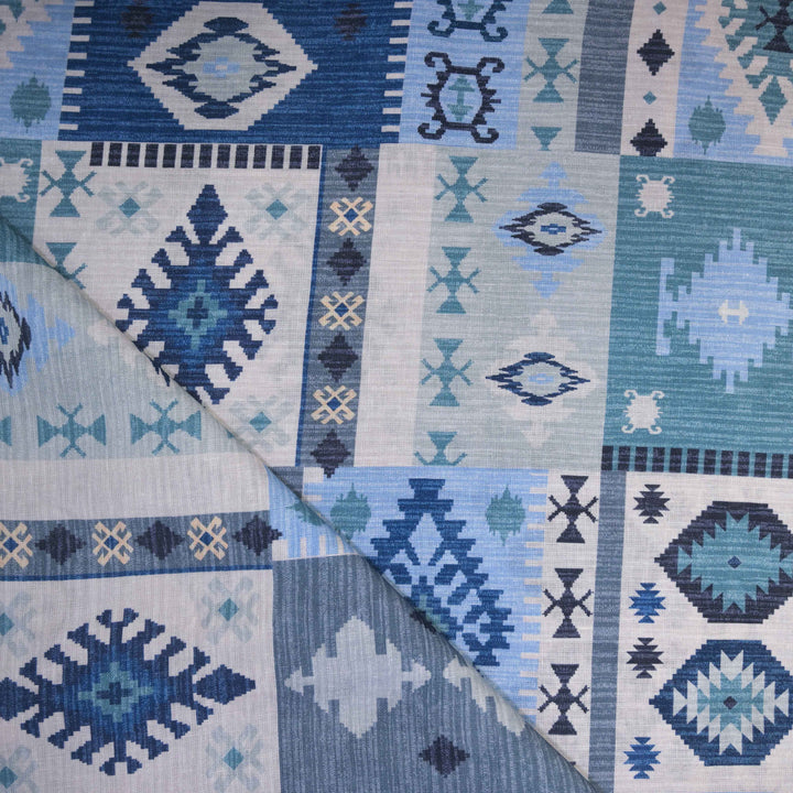 Deep Blue Abstract Printed Pure Linen Fabric