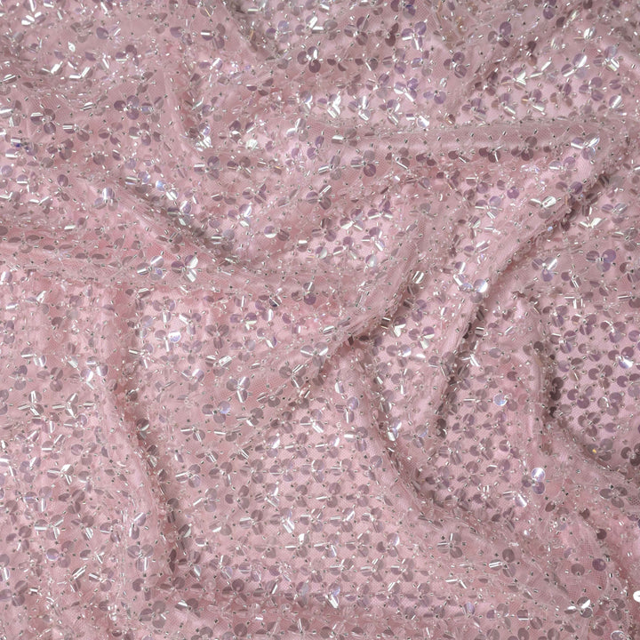 Designer blush pink Net Embroidery Fabric with water Sequins Embroidery.