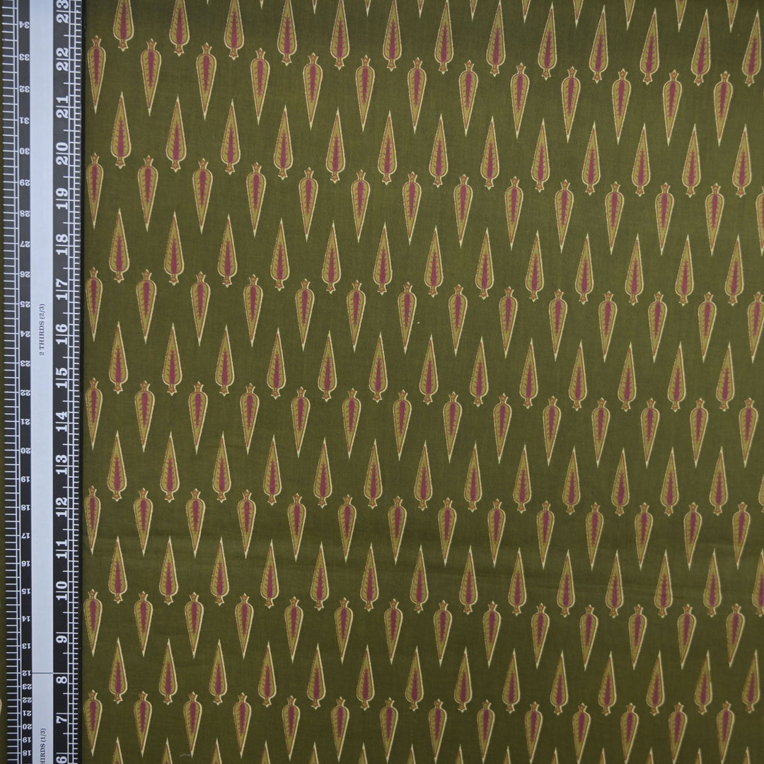 Olive Green Cotton Fabric with allover Leaf Butti Print