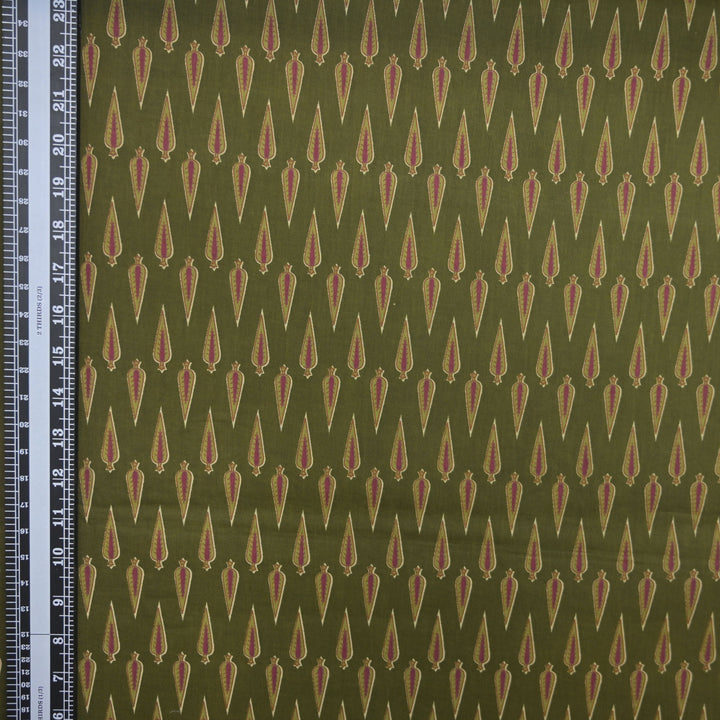 Olive Green Cotton Fabric with allover Leaf Butti Print