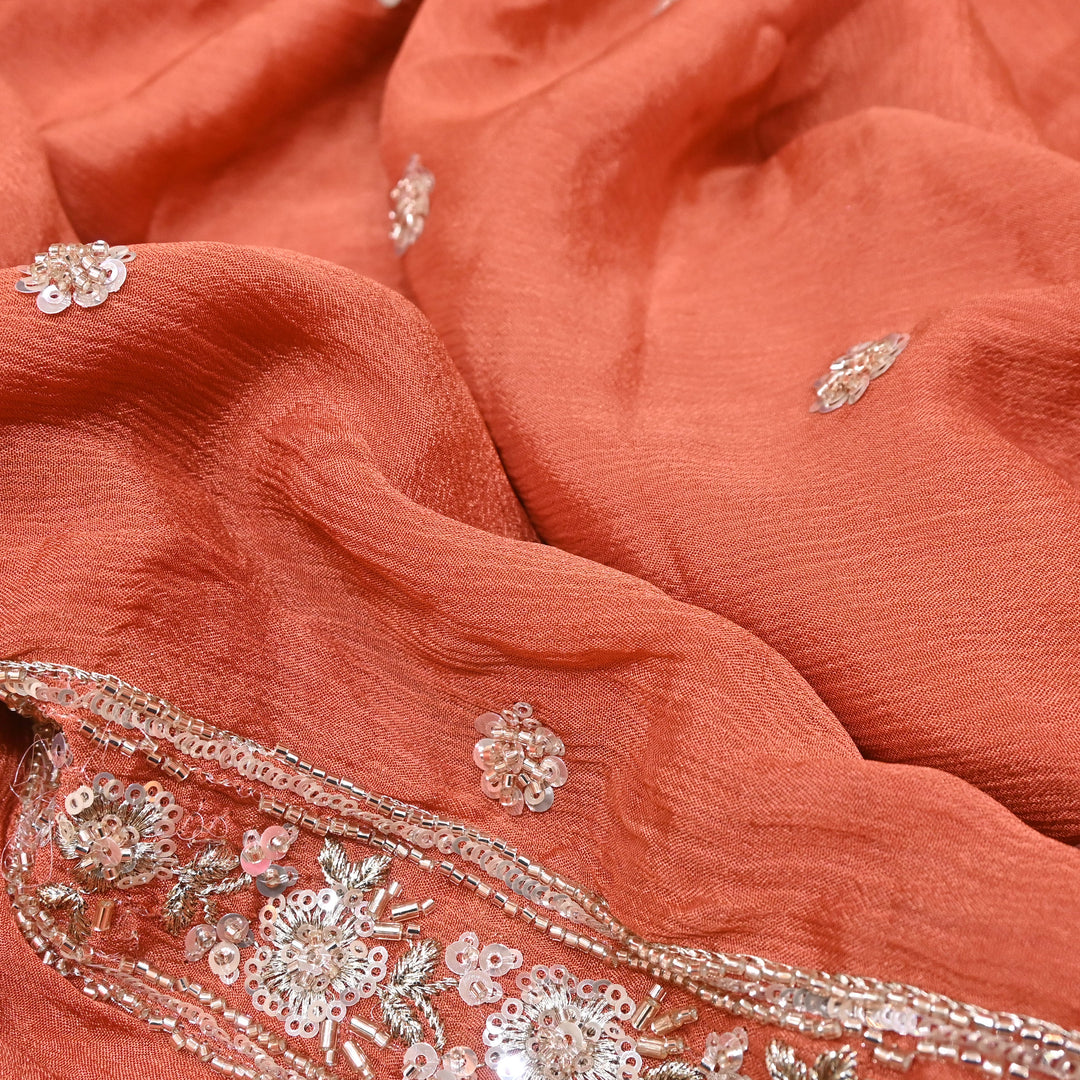 Orange Chinon Fabric with Zari & Sequins Embroidery