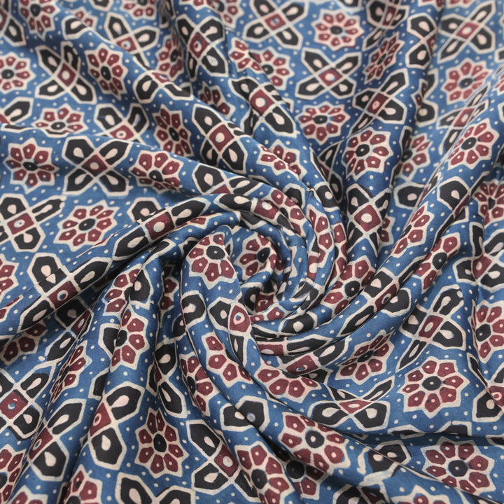 Indigo Blue Modal Satin Fabric in Traditonal Digital Print