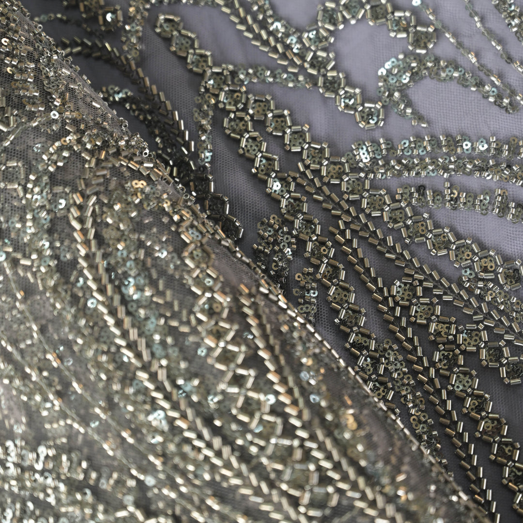 Smokey Grey Imported Net Fabric with allover Zari Embroidery
