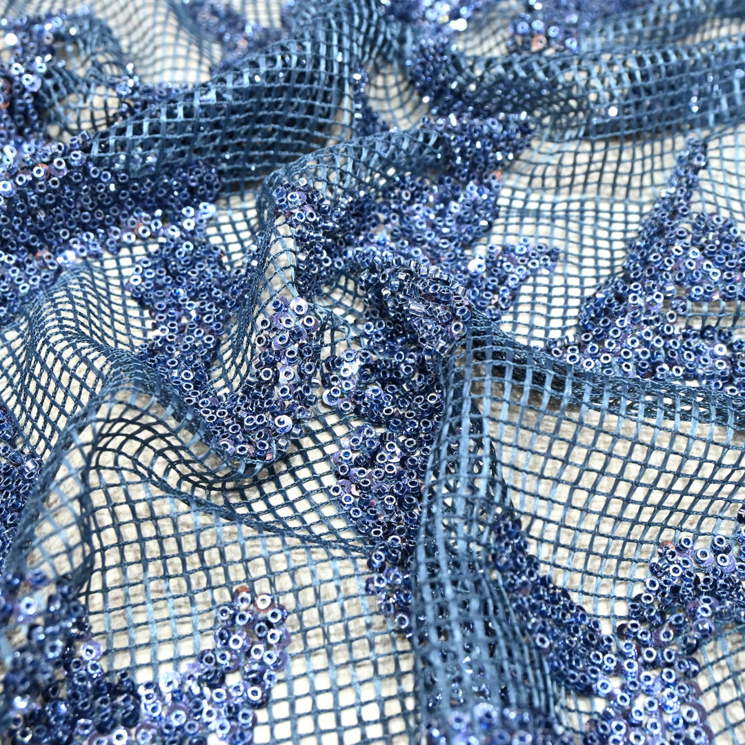 Dusky Blue Color Imported Net Base Cut Dana Sequence Work Embroidery Fabric