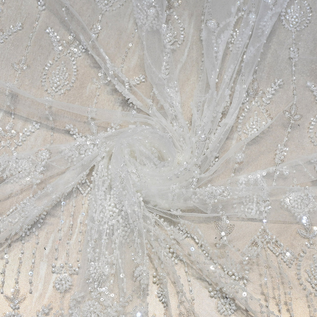 Premium Imported Heavy Moti, Beaded & Sequins Embroidered Net Fabric- 8828138-01