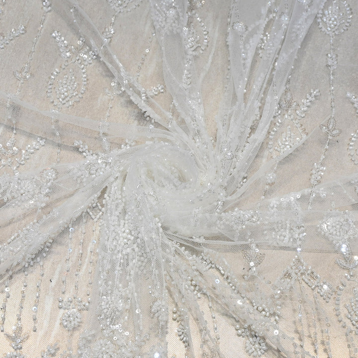 Premium Imported Heavy Moti, Beaded & Sequins Embroidered Net Fabric- 8828138-01
