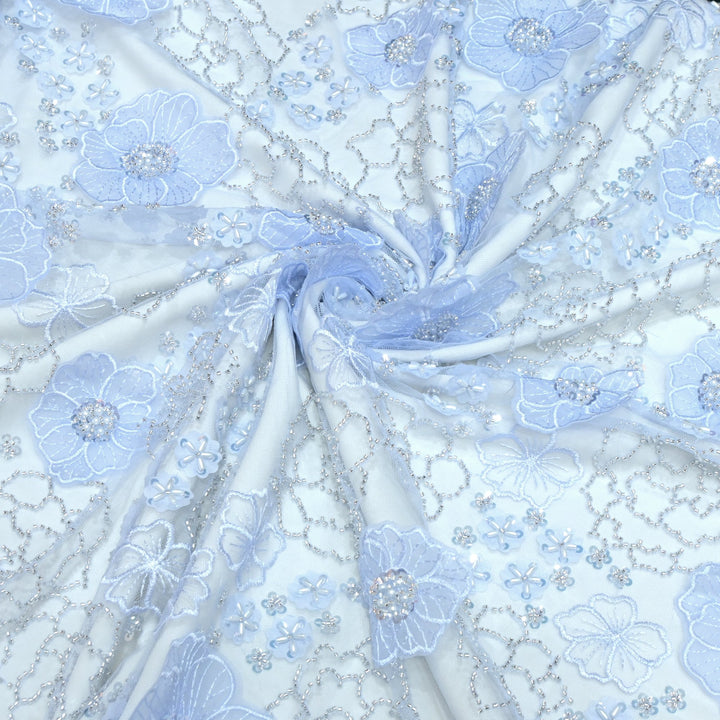 Cut dana and sequin heavy embroidered fabric with 3D flower on imported net