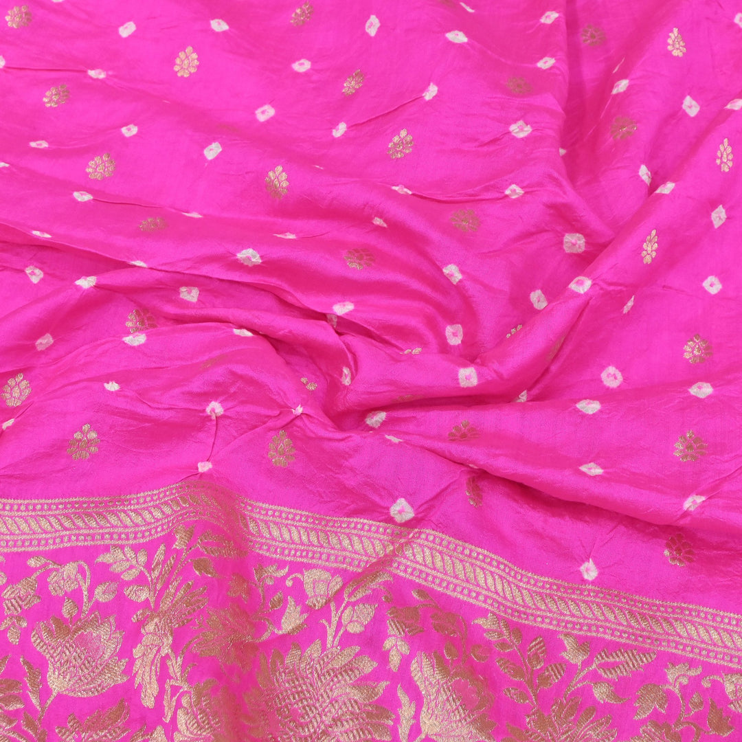 Exclusive Heavy Zari Botti Work And Premium Border Hand Work On Pure Silk Bandhani Fabric