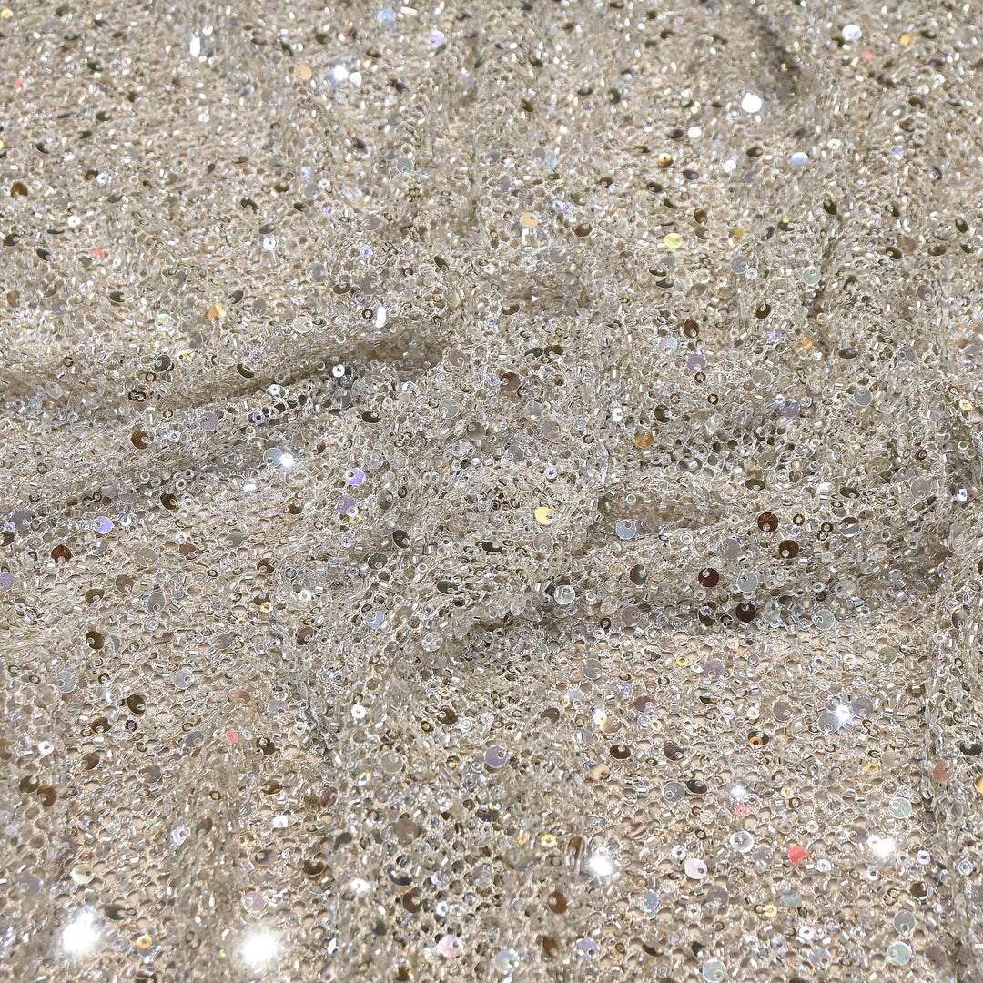 Champagne Gold Color Imported Heavy Sequin Embroidery Net Fabric- ED1605-2
