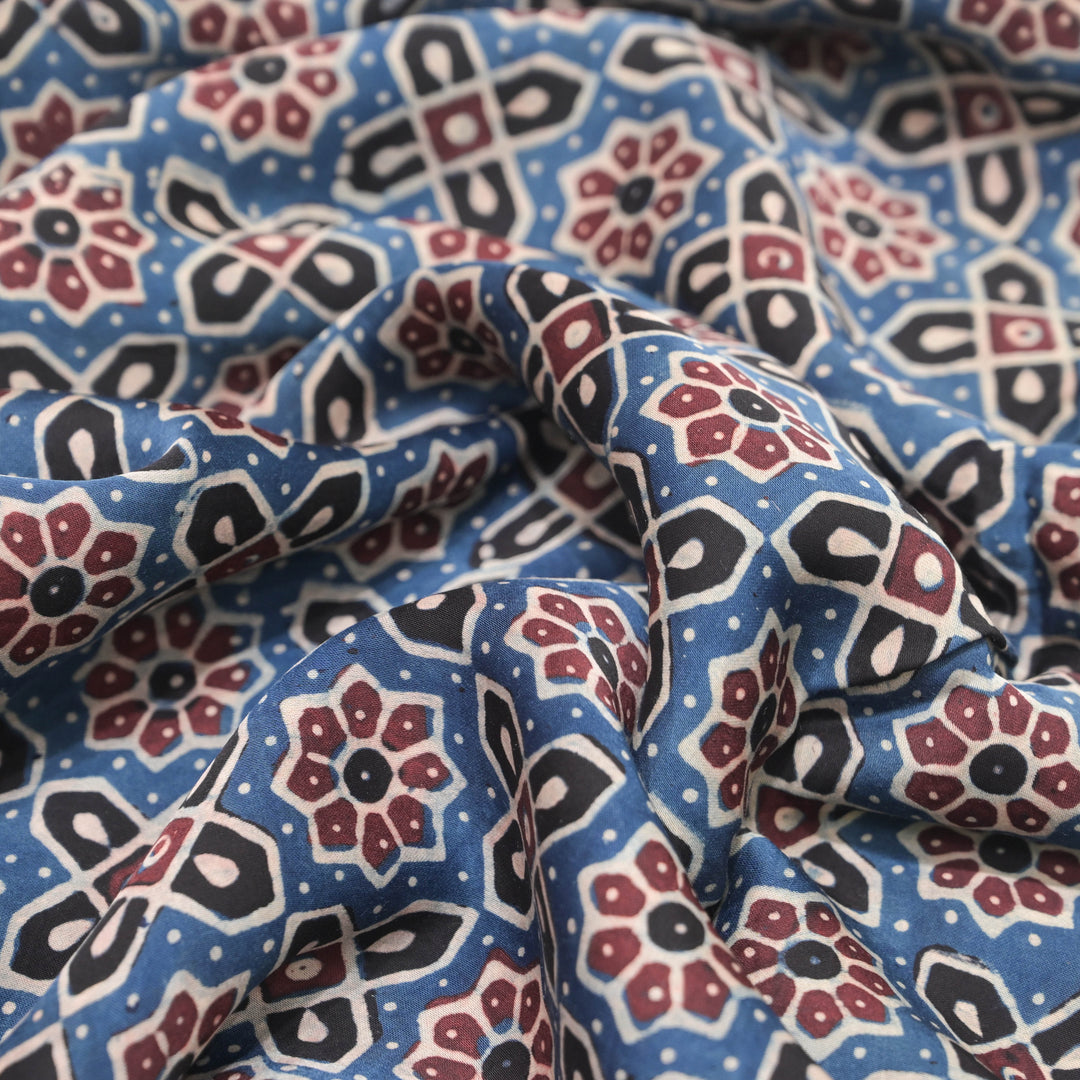 Indigo Blue Modal Satin Fabric in Traditonal Digital Print