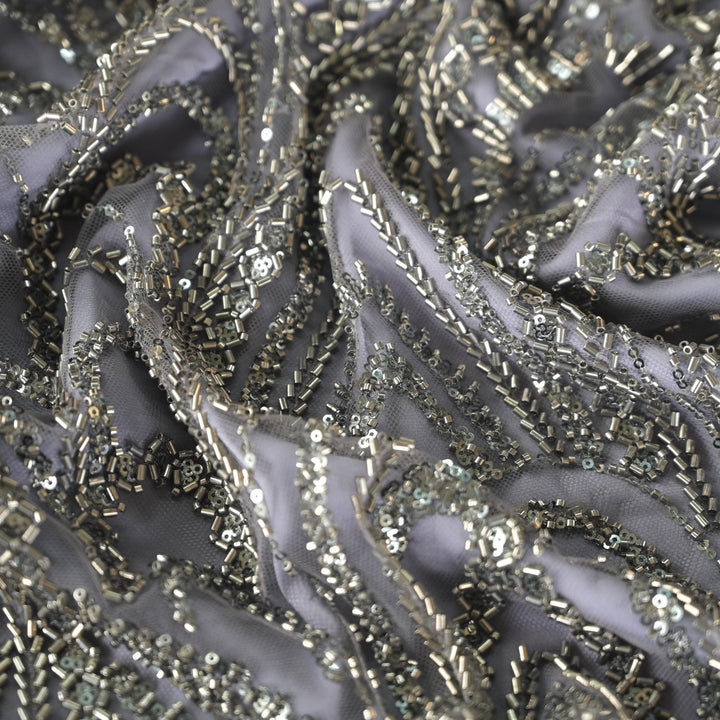 Smokey Grey Imported Net Fabric with allover Zari Embroidery