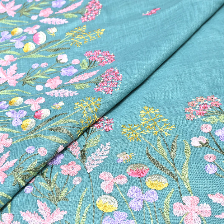 Floral Linen Thread Embroidered Designer Fabric - TF40161-3
