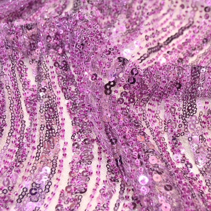 Reddish Magenta Color Luxury Imported Heavy Cut Dana & Sequins Embroidered Net Designer Fabric ED1533-1B