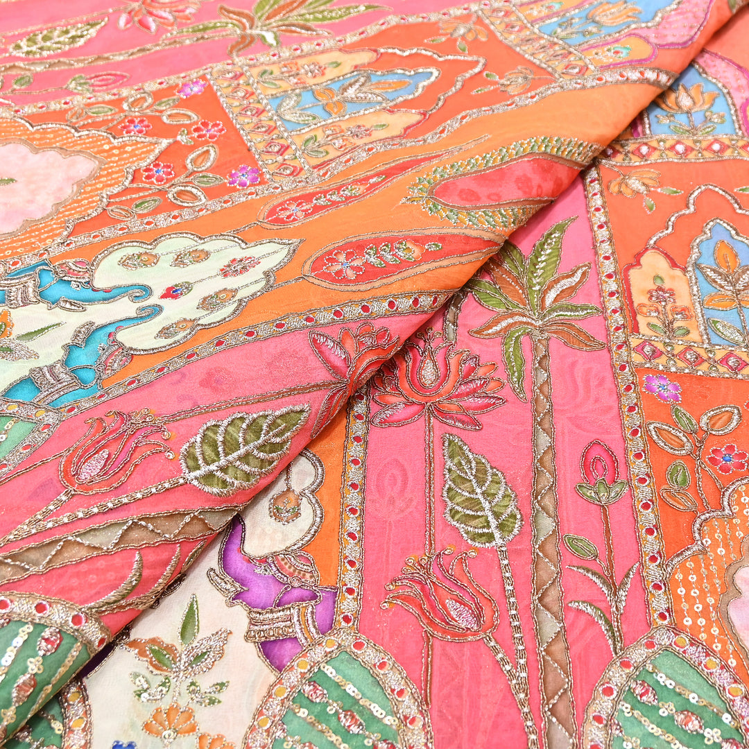 Premium Viscose Georgette Position Print Fabric With Zari Sequence Embroidery - Designer Ethnic Fabric-00P300-2