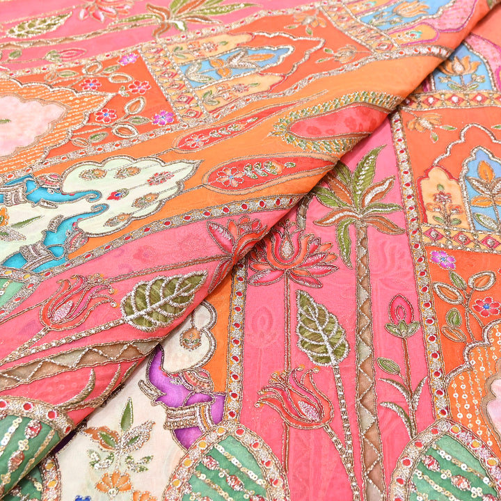 Premium Viscose Georgette Position Print Fabric With Zari Sequence Embroidery - Designer Ethnic Fabric-00P300-2