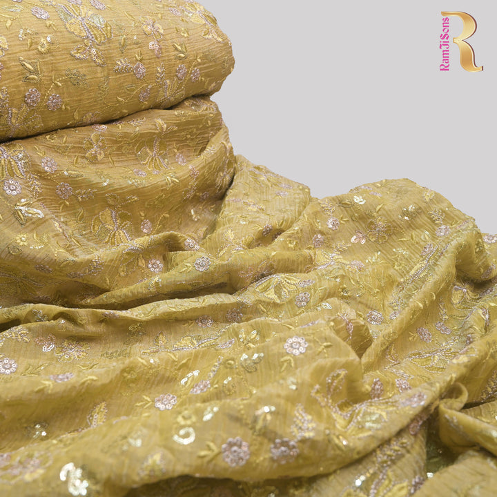 Mustard Olive Crush Tissue Embroidery Fabric.| 852-591MO