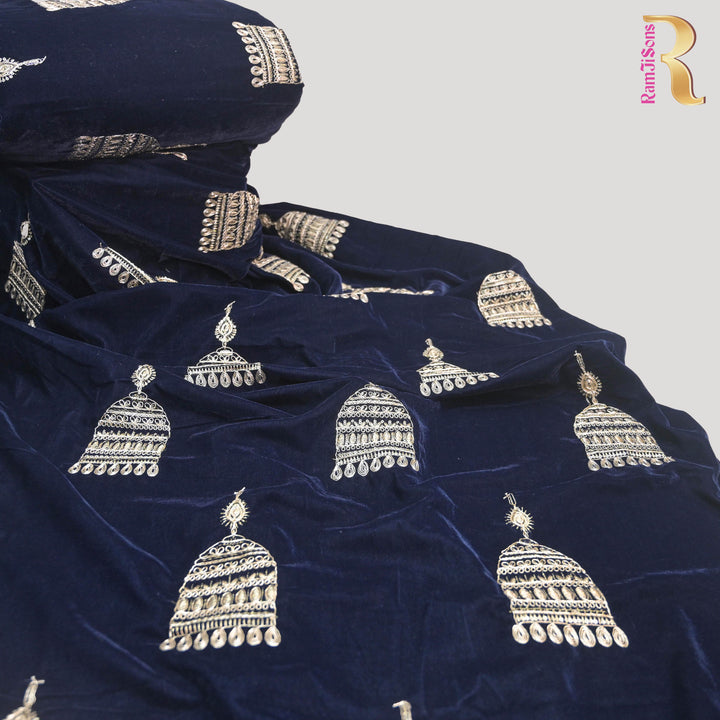 Blue Embroidery Zari Work velvet fabric |  947-266B