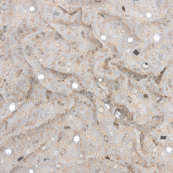 White Georgette Fabric with allover Mirrorwork, Zariwork & Pearl | 54859