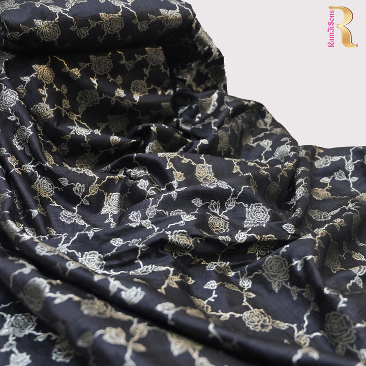 Black Pure row silk Zari Brocade fabric.| 165-192