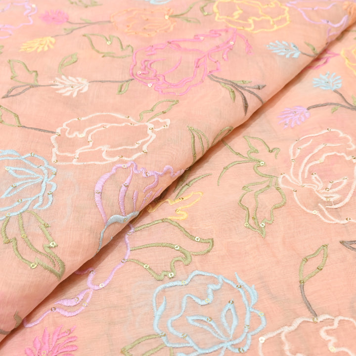 Peach Mul Chanderi Fabric with allover Thread Embroidery.