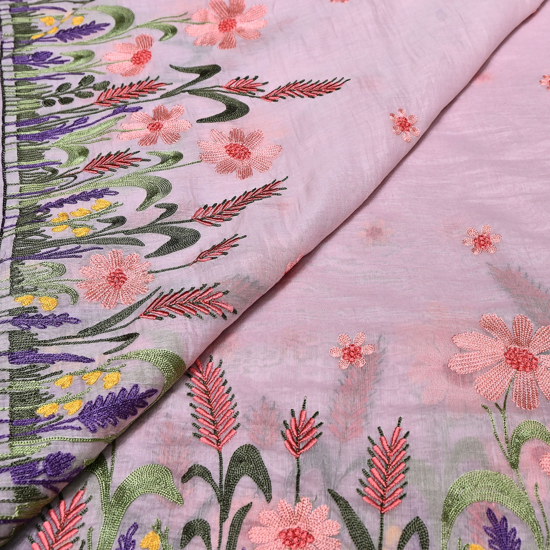 Mul Chanderi Floral Thread Embroidery Fabric – Soft Breathable Designer Fabric- V1659C-2