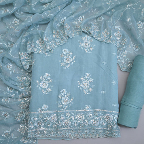 Powder Blue Tissue Cut Dana Embroidery suit set | 977-329B