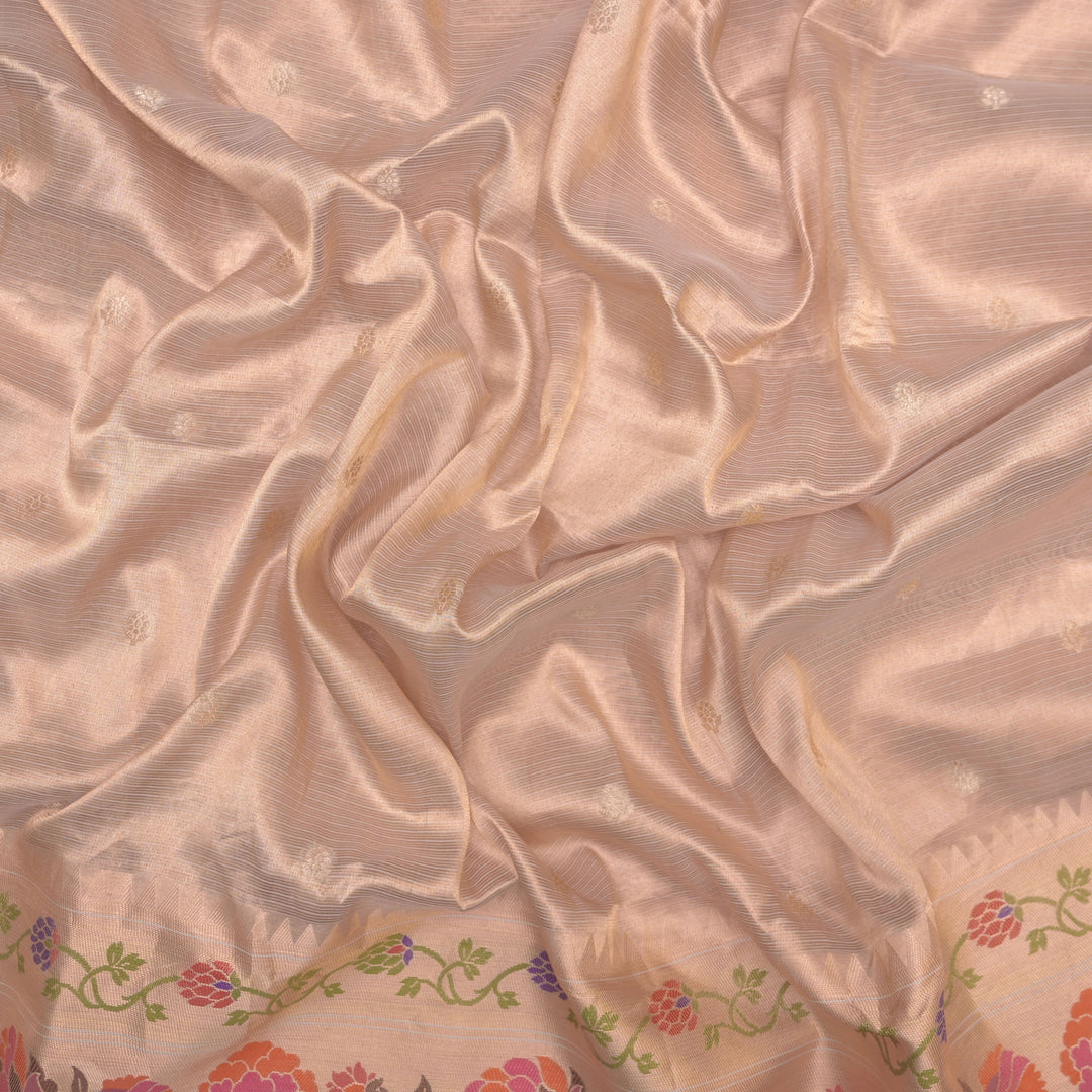 Beige Brocade Tissue Fabric with Threadwork Embroidery