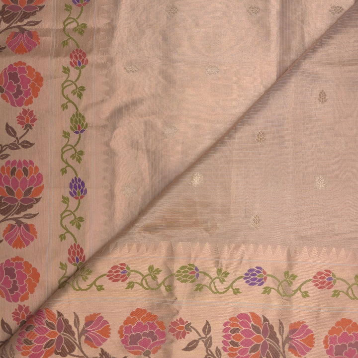 Beige Brocade Tissue Fabric with Threadwork Embroidery