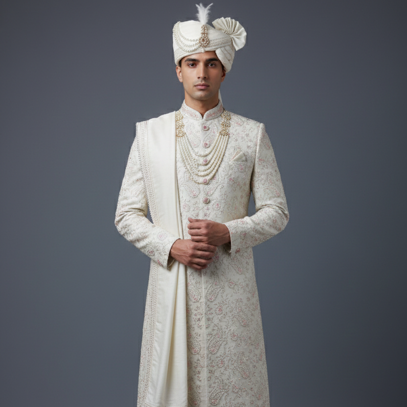 Oyster White Silk Sherwani Set with allover Cutdana & Zari Handwork Embroidery