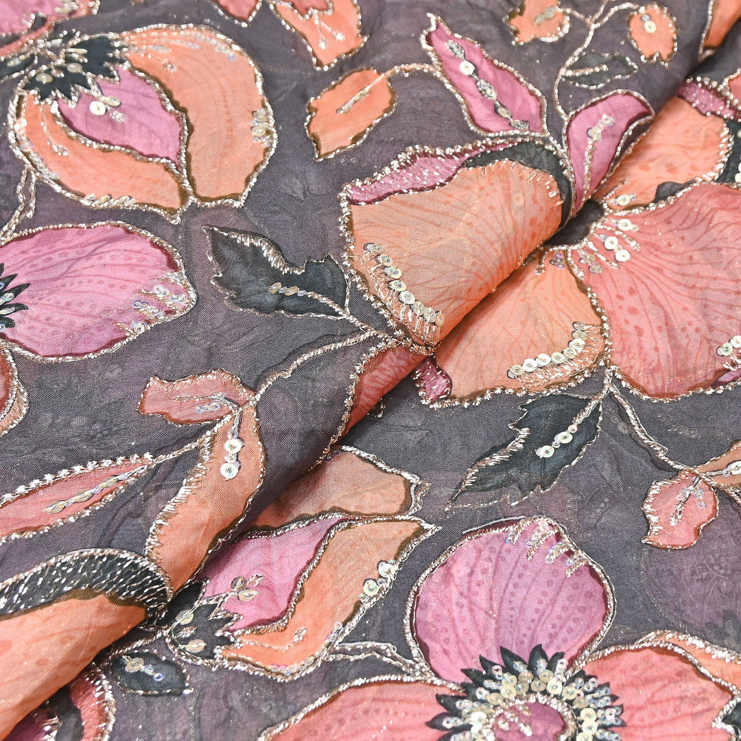 Elegent Viscose Organza Position Print Zari & Sequins Embroidery Fabric – Designer Fabric 00T236-1