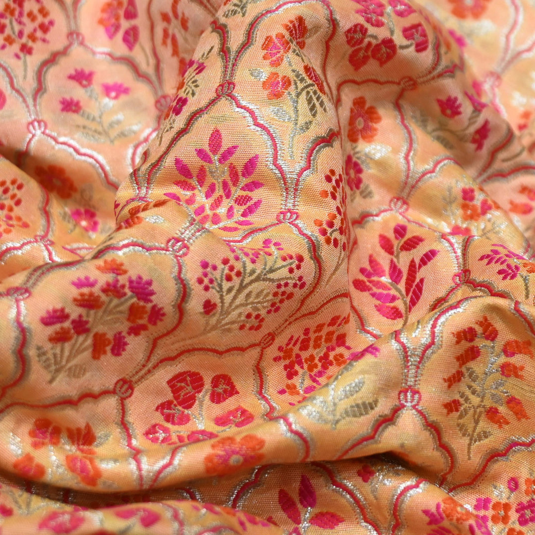 Peach Satin Mina Zari Brocade Fabric