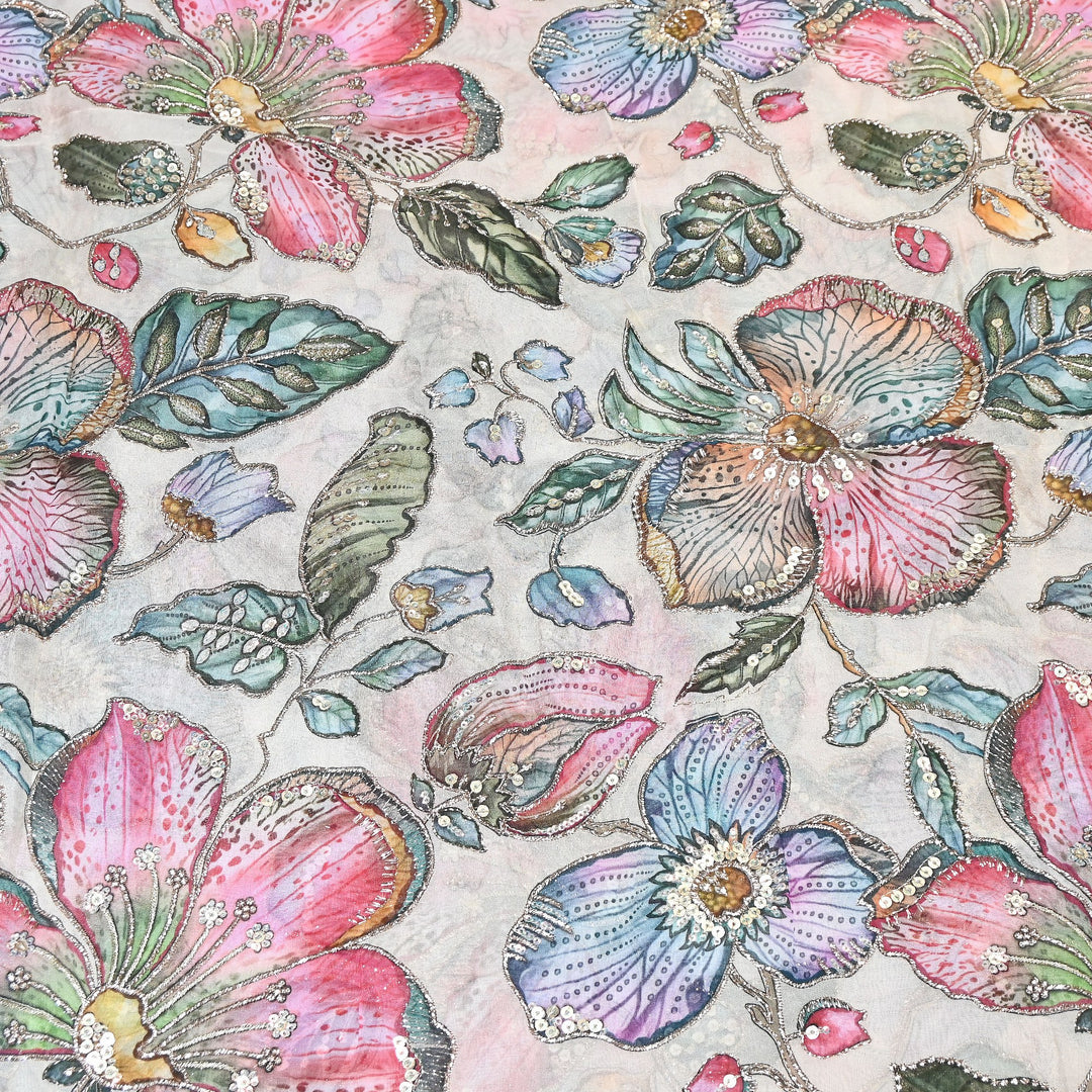 Elegent Viscose Organza Position Print Zari & Sequins Embroidery Fabric – Designer Fabric 00T236-2