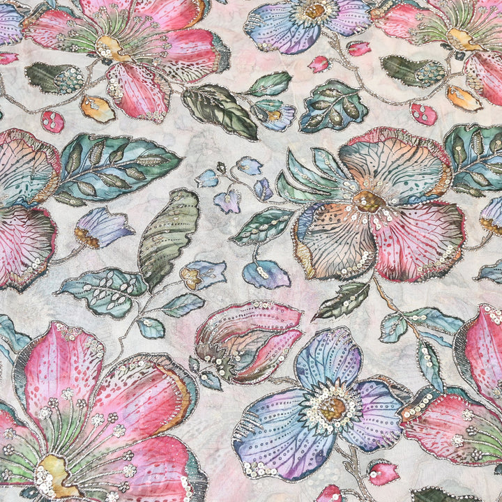 Elegent Viscose Organza Position Print Zari & Sequins Embroidery Fabric – Designer Fabric 00T236-2