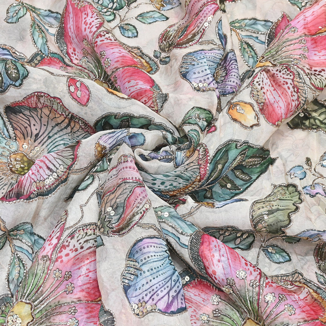 Elegent Viscose Organza Position Print Zari & Sequins Embroidery Fabric – Designer Fabric 00T236-2