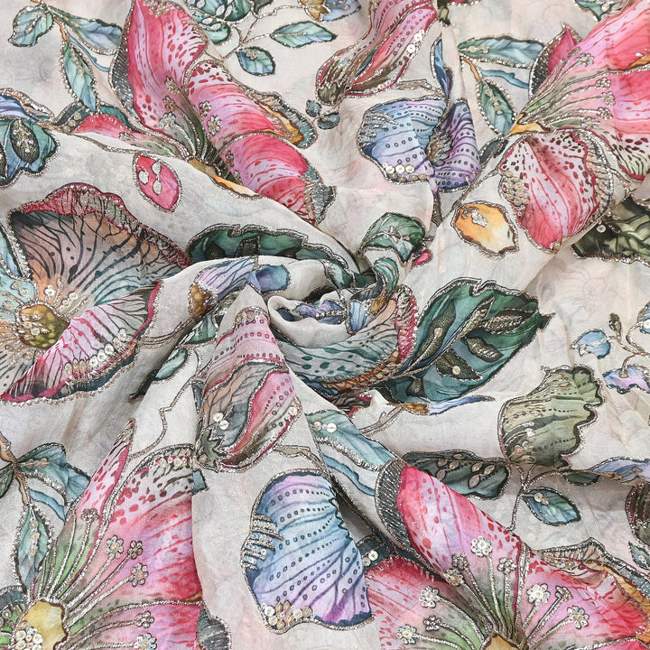 Elegent Viscose Organza Position Print Zari & Sequins Embroidery Fabric – Designer Fabric 00T236-2