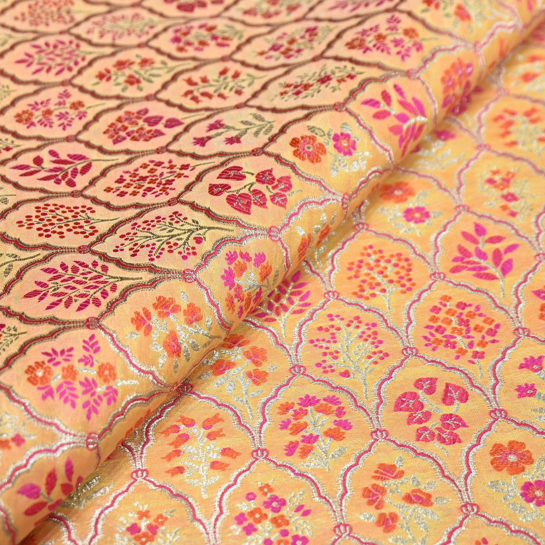 Peach Satin Mina Zari Brocade Fabric