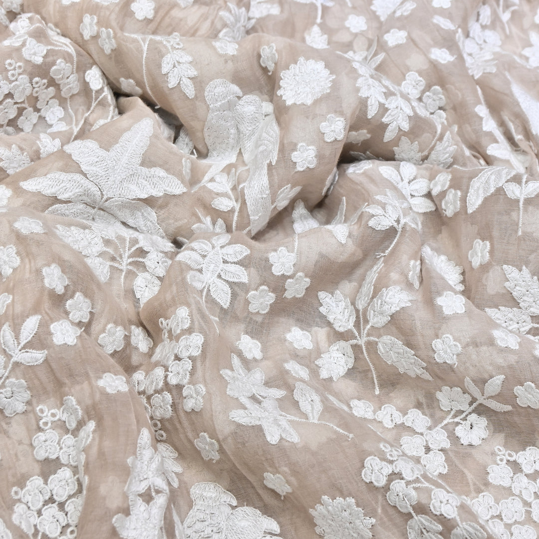 Ivory Color Mul Chanderi Thread Embroidery Fabric – Soft Lightweight Designer Fabric- SC0R270-4