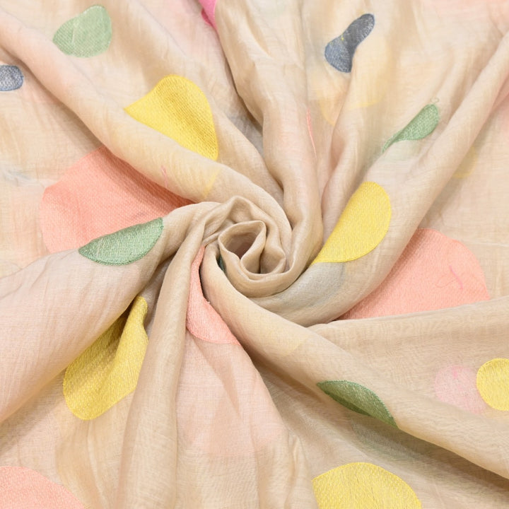 Beige Color Mul Chanderi Thread Embroidery Fabric – Soft Lightweight Designer Fabric-V2190C-1