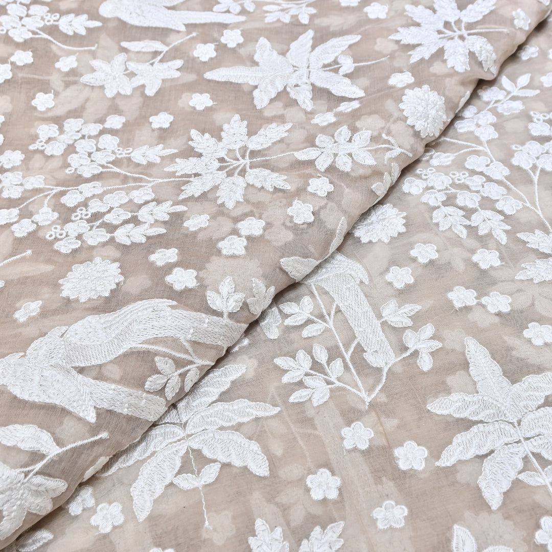 Ivory Color Mul Chanderi Thread Embroidery Fabric – Soft Lightweight Designer Fabric- SC0R270-4