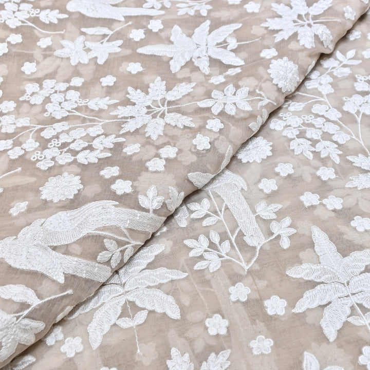 Ivory Color Mul Chanderi Thread Embroidery Fabric – Soft Lightweight Designer Fabric- SC0R270-4