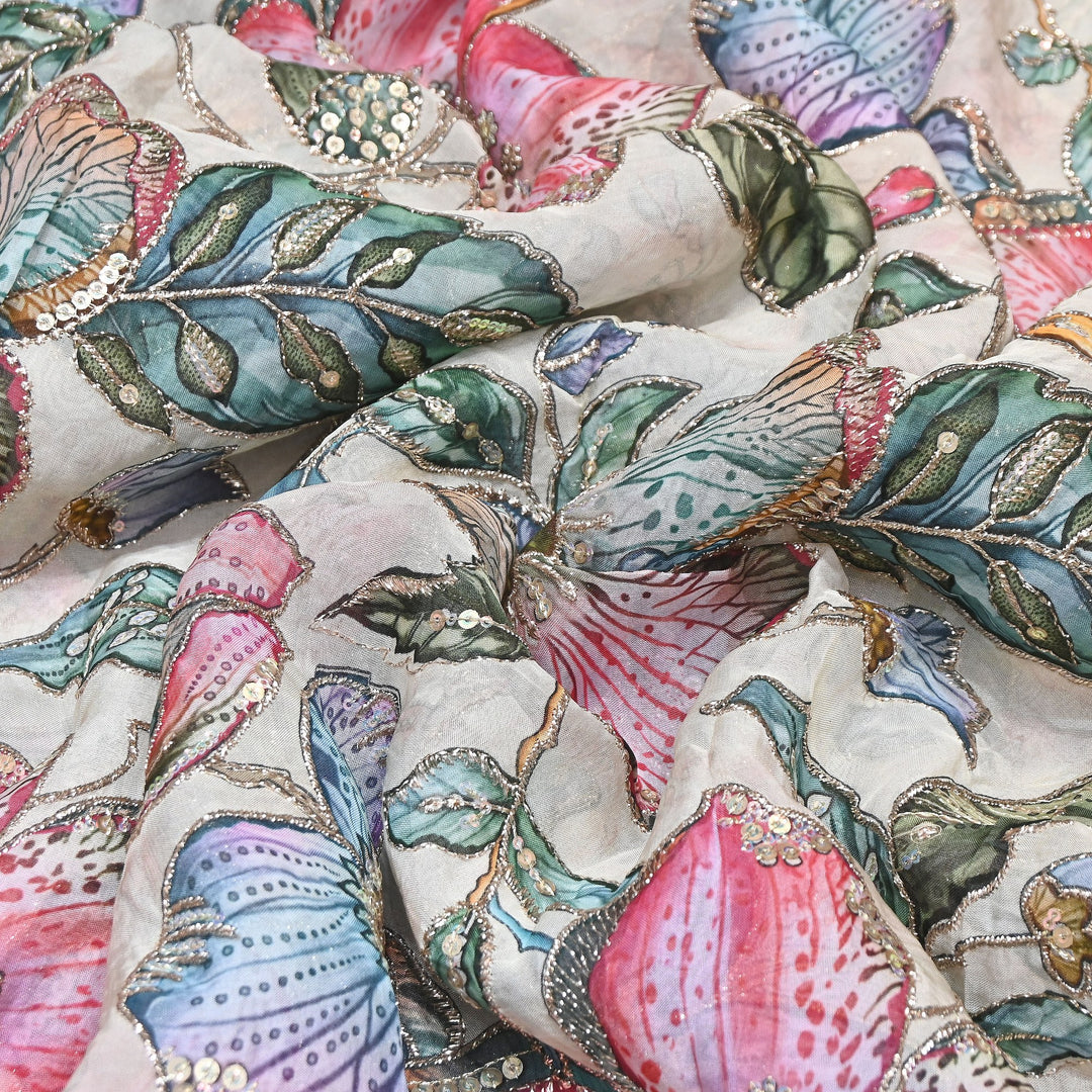 Elegent Viscose Organza Position Print Zari & Sequins Embroidery Fabric – Designer Fabric 00T236-2