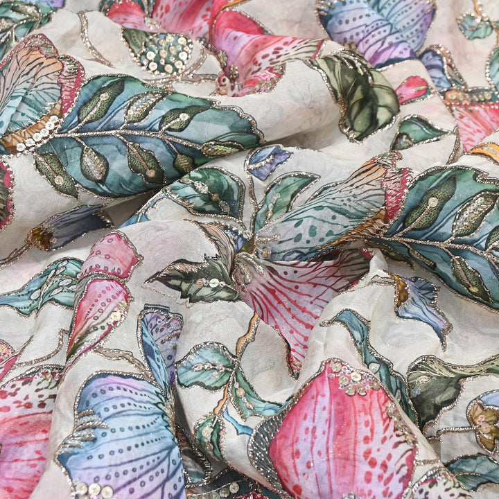 Elegent Viscose Organza Position Print Zari & Sequins Embroidery Fabric – Designer Fabric 00T236-2