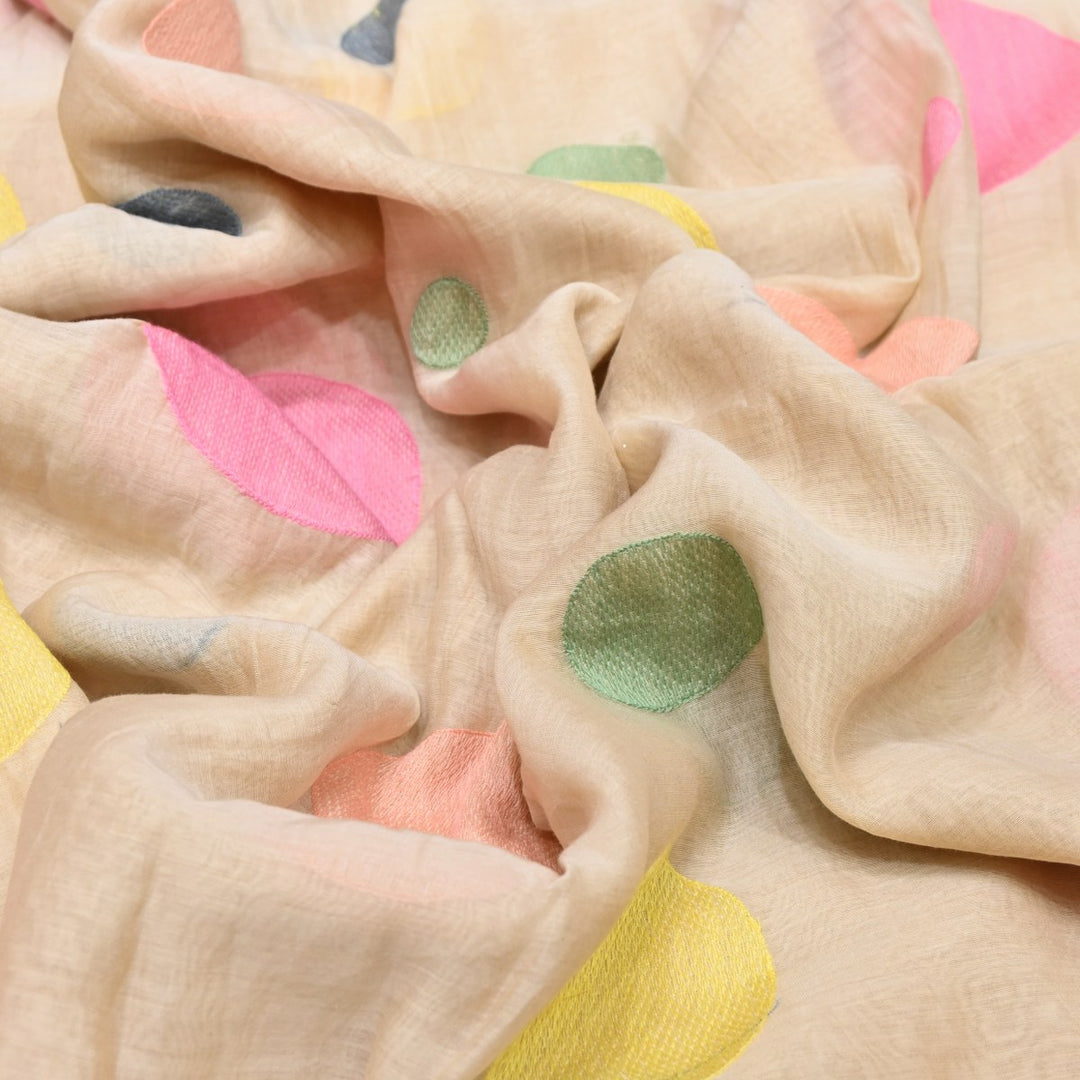 Beige Color Mul Chanderi Thread Embroidery Fabric – Soft Lightweight Designer Fabric-V2190C-1